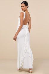 Exquisite Refinement Ivory Backless Bow Ruffled Maxi Dress