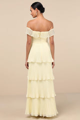 Always Remarkable Pale Yellow Off-the-Shoulder Maxi Dress