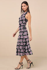 Outstanding Mood Black Floral Slinky Knit One-Shoulder Dress