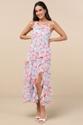 Levina Light Blue Floral Asymmetric Ruffled Midi Dress