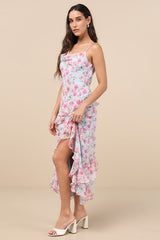 Levina Light Blue Floral Asymmetric Ruffled Midi Dress