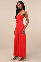 Opulent Outlook Red Bow Strapless Wide-Leg Jumpsuit