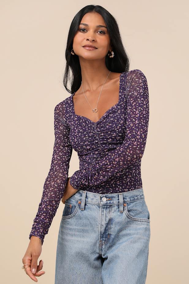 Adoring Desire Dark Purple Floral Print Mesh Ruched Bodysuit