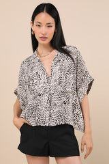 Island Style White Leopard Print Button-Up Short Sleeve Top
