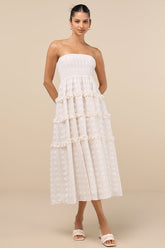 Beautiful Sentiments Ivory Floral Strapless Tiered Midi Dress