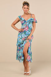 Cosima Blue Floral Asymmetrical Midi Dress