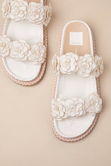 Sherla White Raffia Floral Applique Slide Sandals