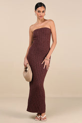 Koko Brown Ribbed Knit Strapless Maxi Dress