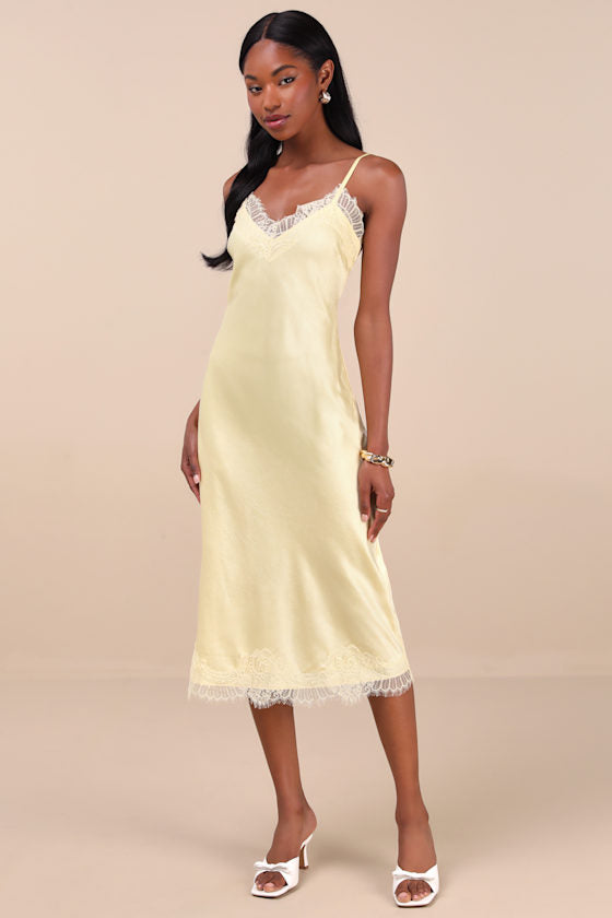 Raenne Light Yellow Crinkle Satin Lace Midi Slip Dress
