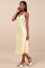Raenne Light Yellow Crinkle Satin Lace Midi Slip Dress