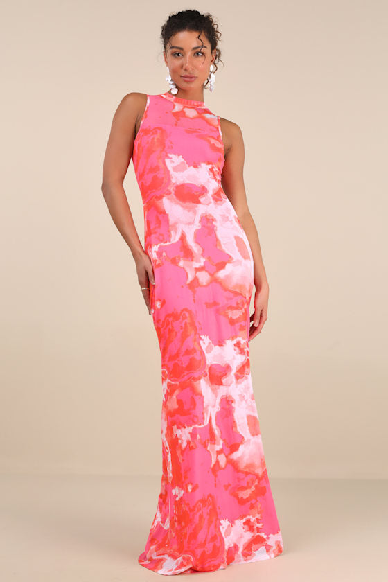 Telestia Hot Pink Abstract Mesh Mermaid Maxi Dress