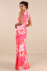 Telestia Hot Pink Abstract Mesh Mermaid Maxi Dress