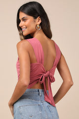Cut Out for Summer Rusty Rose Ruched Tie-Back Bodysuit