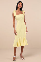 Bimini Light Yellow Swiss Dot Tie-Strap Midi Dress