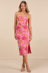 Upgraded Event Pink Jacquard Strapless Bustier Midi Dress