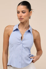 Giosetta Blue Pinstriped Button-Front Halter Top