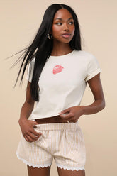 Marija Beige Gingham Scalloped Shorts