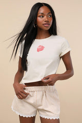 Marija Beige Gingham Scalloped Shorts