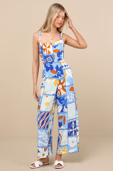 Bold Extravagance Blue Multi Print Sleeveless Wide-Leg Jumpsuit
