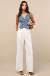 Andrey Cream Floral Embroidered Straight-Leg Trouser Pants