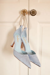 Katie Baby Blue Satin Pearl Pointed-Toe Ankle Strap Pumps