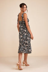 Lush Loveliness Black Floral Lurex Tie-Strap Midi Dress