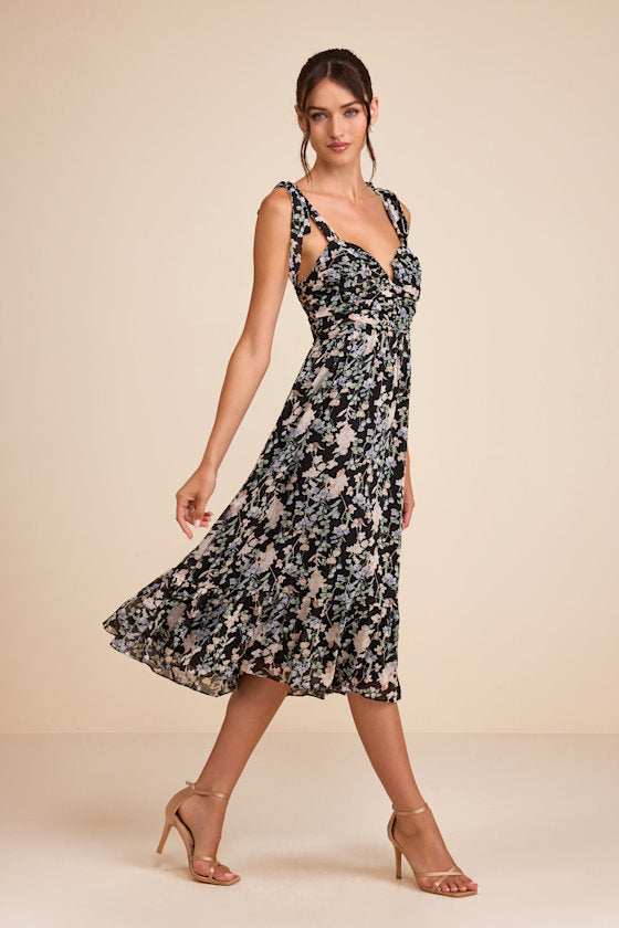 Lush Loveliness Black Floral Lurex Tie-Strap Midi Dress