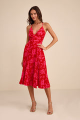 Vibrant Moment Red and Pink Floral Pleated Lace-Up Midi Dress