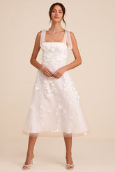 Effortlessly Sweet White Tulle 3D Floral Tie-Strap Midi Dress