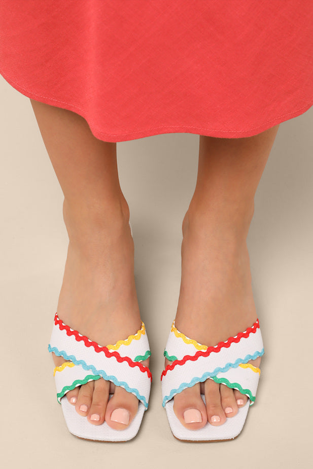 Principessa White Rick Rack Trim Low Heel Slide Sandals