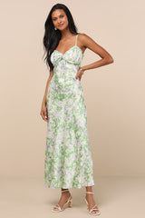 Valentina Green Multi Abstract Satin Ruffled Maxi Dress