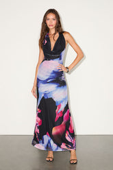Rania Black Multi Floral Mesh Backless Maxi Dress