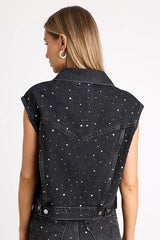 Shrunken '90s Washed Black Bedazzled Trucker Denim Vest