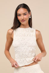 Wes Cream Lace Smocked Tank Top
