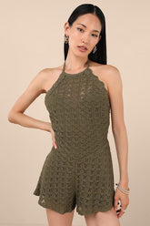 Tovia Olive Pointelle Knit Tie-Back Halter Romper