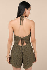 Tovia Olive Pointelle Knit Tie-Back Halter Romper