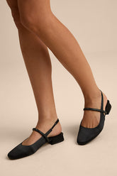 Clea Black Satin Rhinestone Slingback Flats