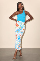 Iria White Multi Postcard Print Midi Skirt