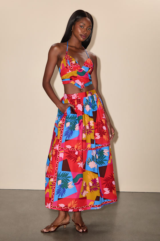 Beatriz Red Multi Floral Print Midi Skirt