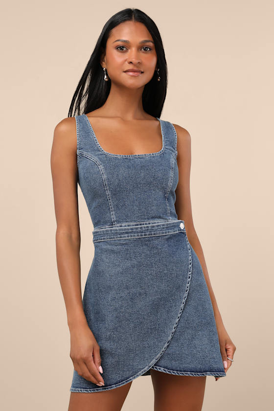 Merima Medium Wash Denim Wrap Mini Dress