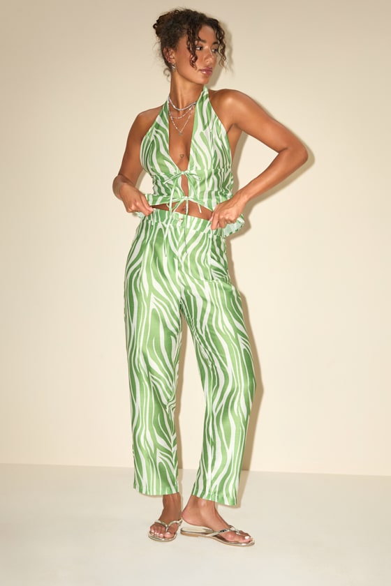 Meris Green and Ivory Zebra Print Mid-Rise Trouser Pants