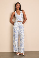 Amarae Ivory and Blue Floral Print Halter Vest Top