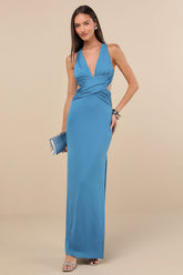 Alexandria Turquoise Backless Column Maxi Dress