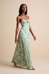Danae Sage Green Floral Jacquard Strapless Maxi Dress