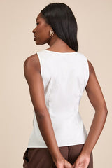 Ruelle White Ruched V-Neck Sleeveless Top
