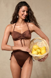 Keola Shiny Brown Drawstring Bandeau Bikini Top