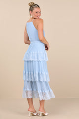 Came For Cocktails Light Blue Pleated Tiered Lace Maxi Dress