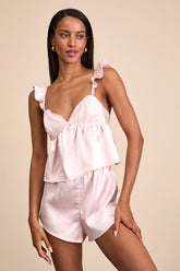 Keona Light Pink Satin Lace Ruffled Two-Piece Pajama Set