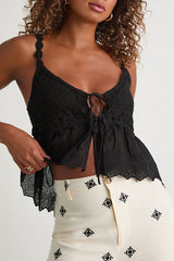 Maddy Black Mixed Media Tie-Front Tank Top