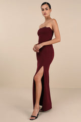 Memorably Iconic Burgundy Strapless Lace Bustier Maxi Dress